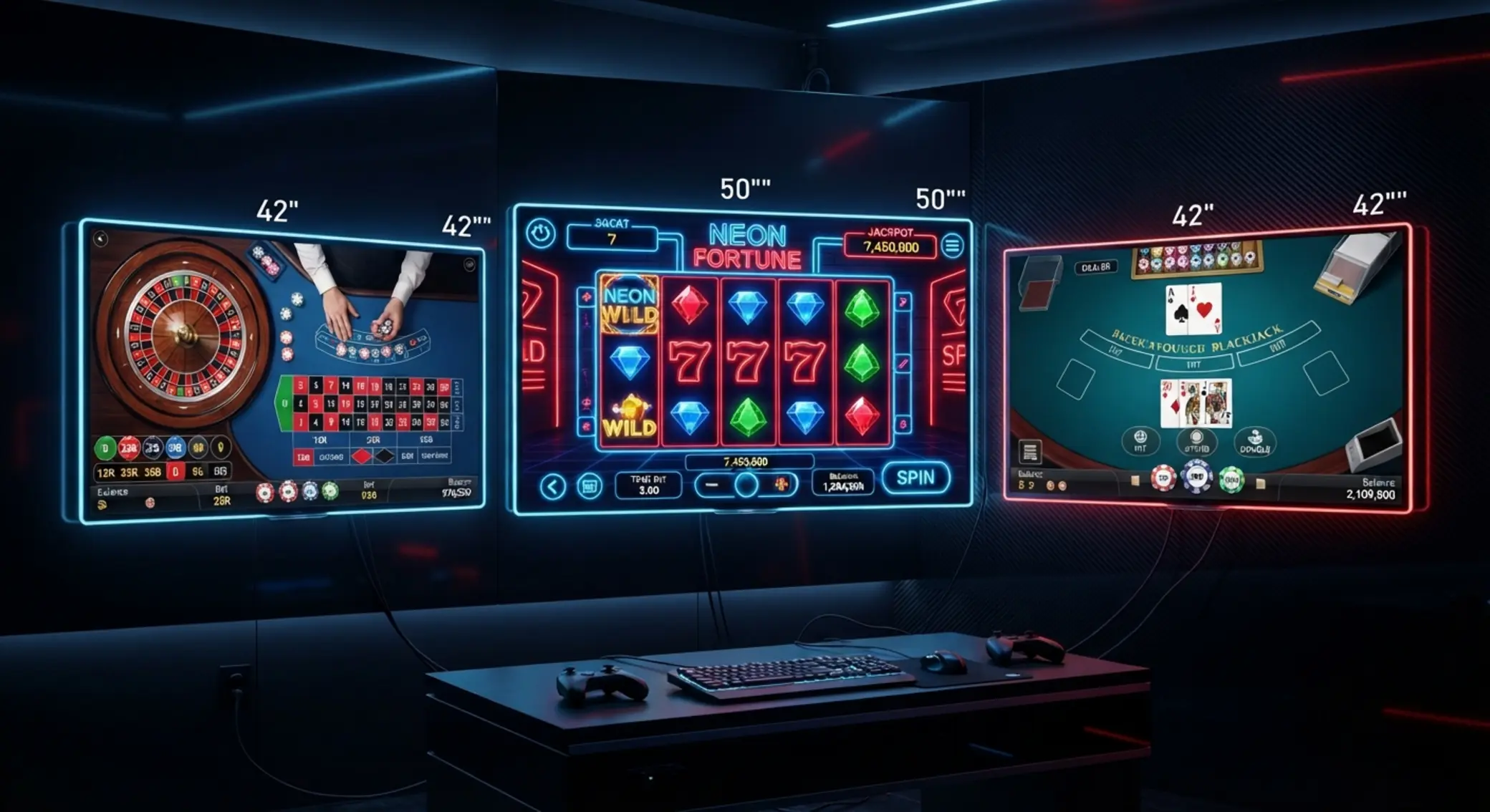 Koláž tří hlavních typů online her: automaty, ruleta a blackjack