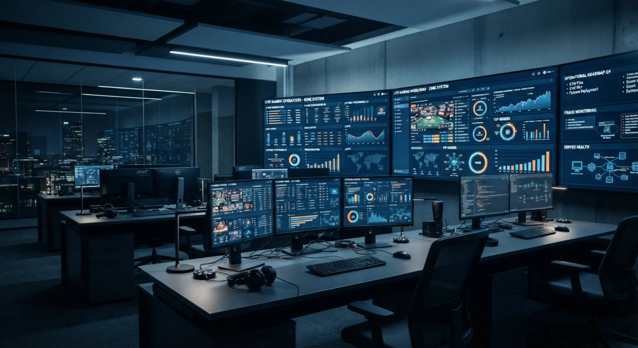 Abstraktní motiv iGaming prostředí se strategií, daty a obrazovkami