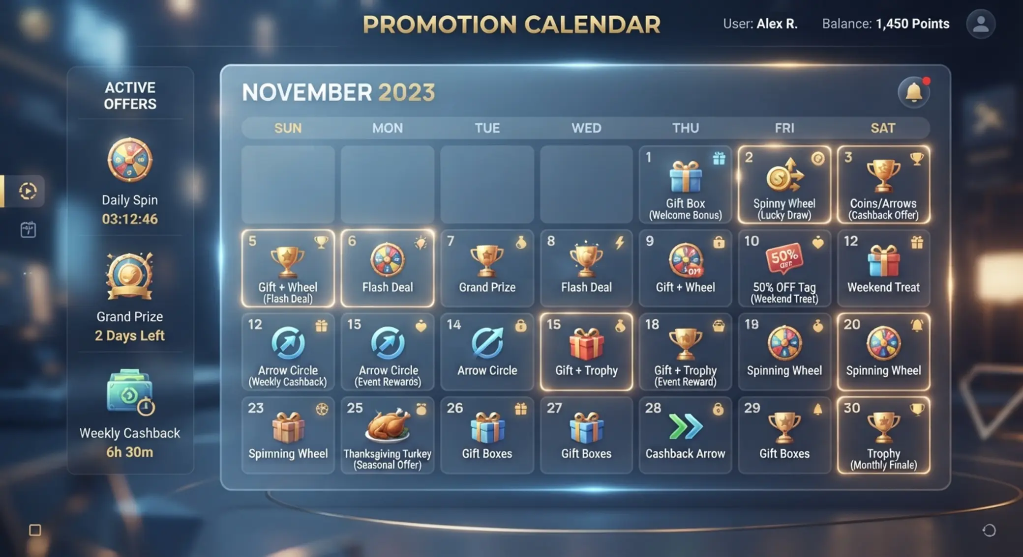 Kalendář akcí s vyznačenými dny bonusů a promo nabídek