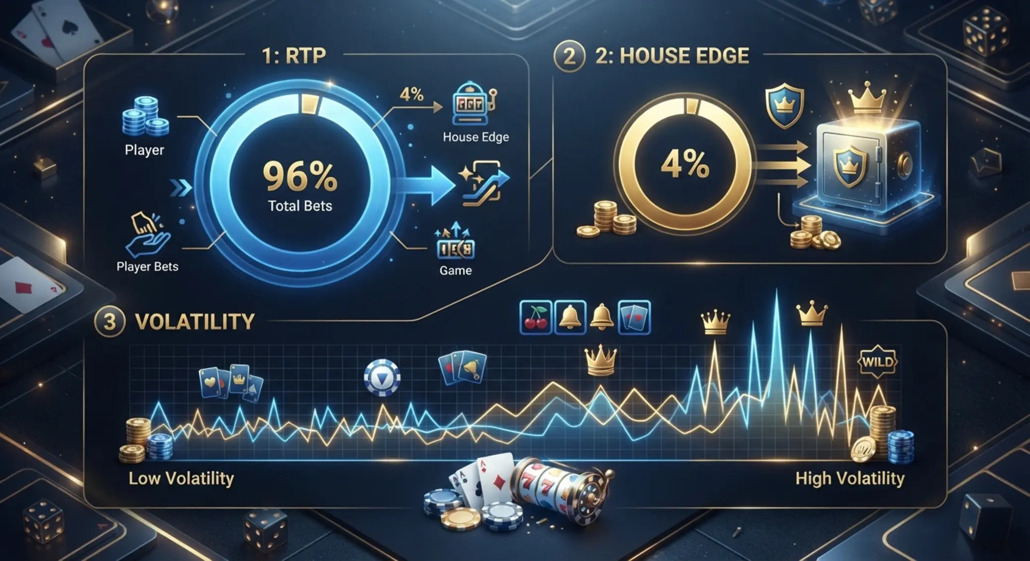 Schématické znázornění RTP, house edge a volatility her