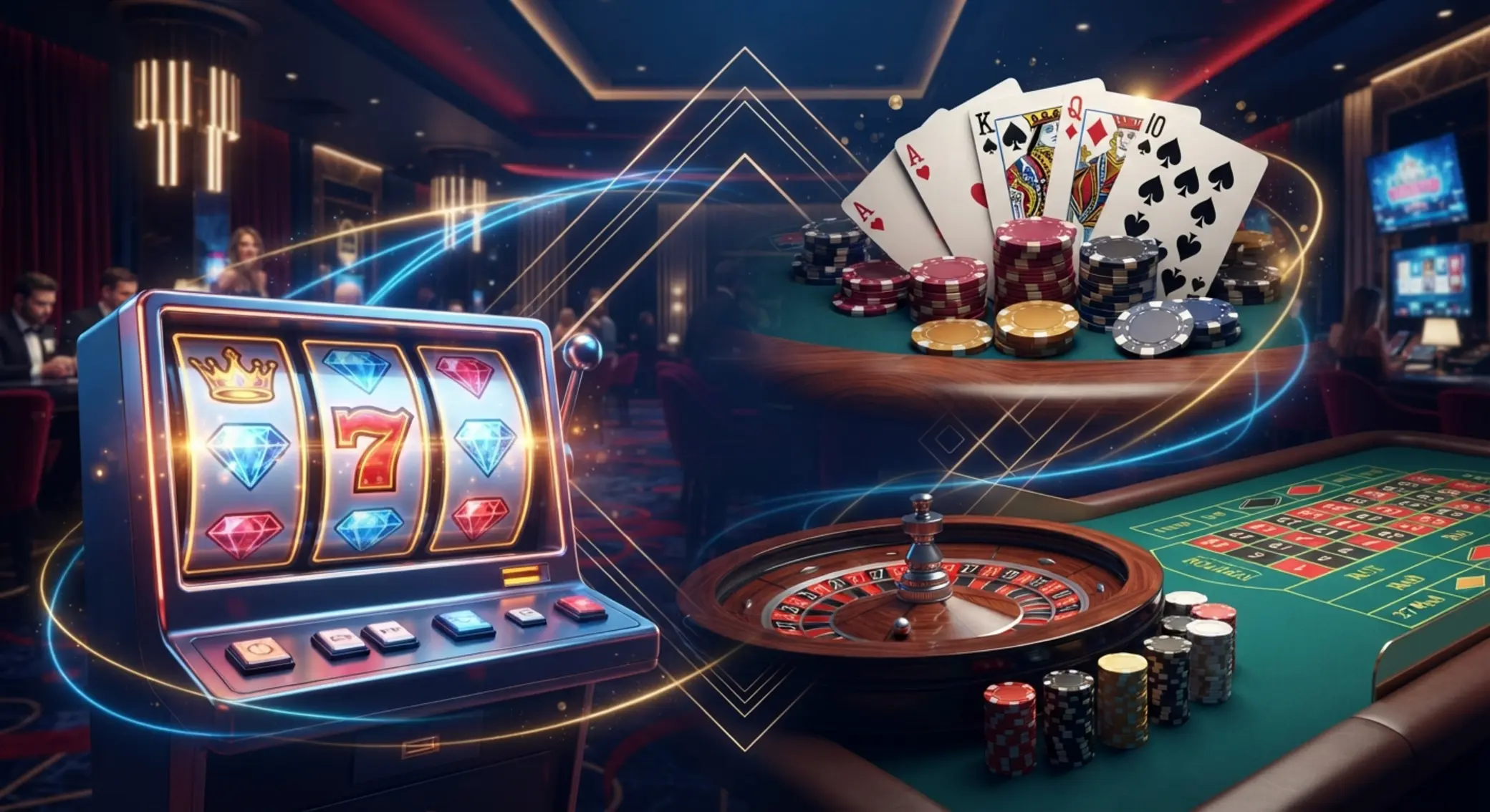 Koláž herních kategorií: sloty, ruleta a poker