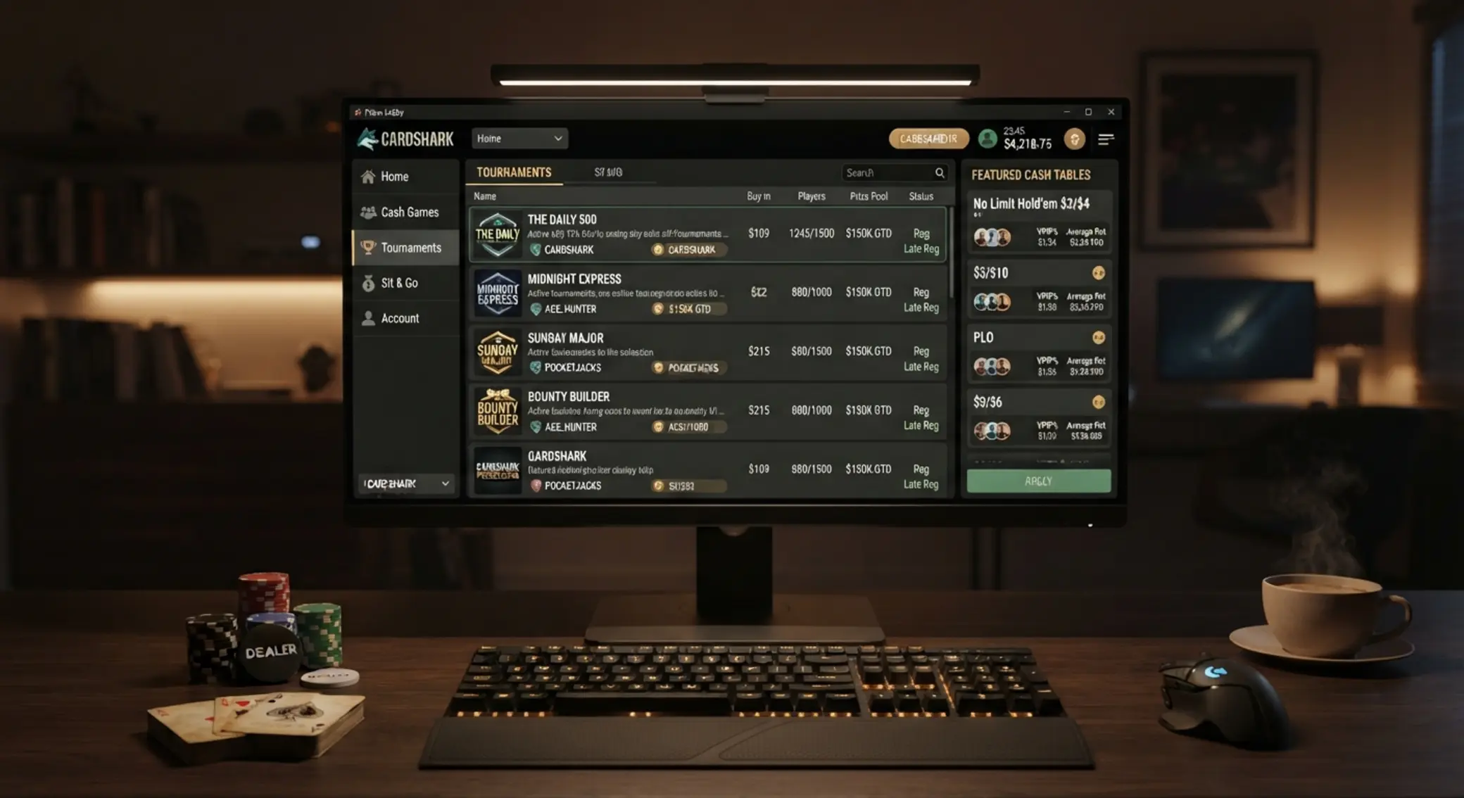 Ilustrace pokerového lobby s turnaji a cash game stoly