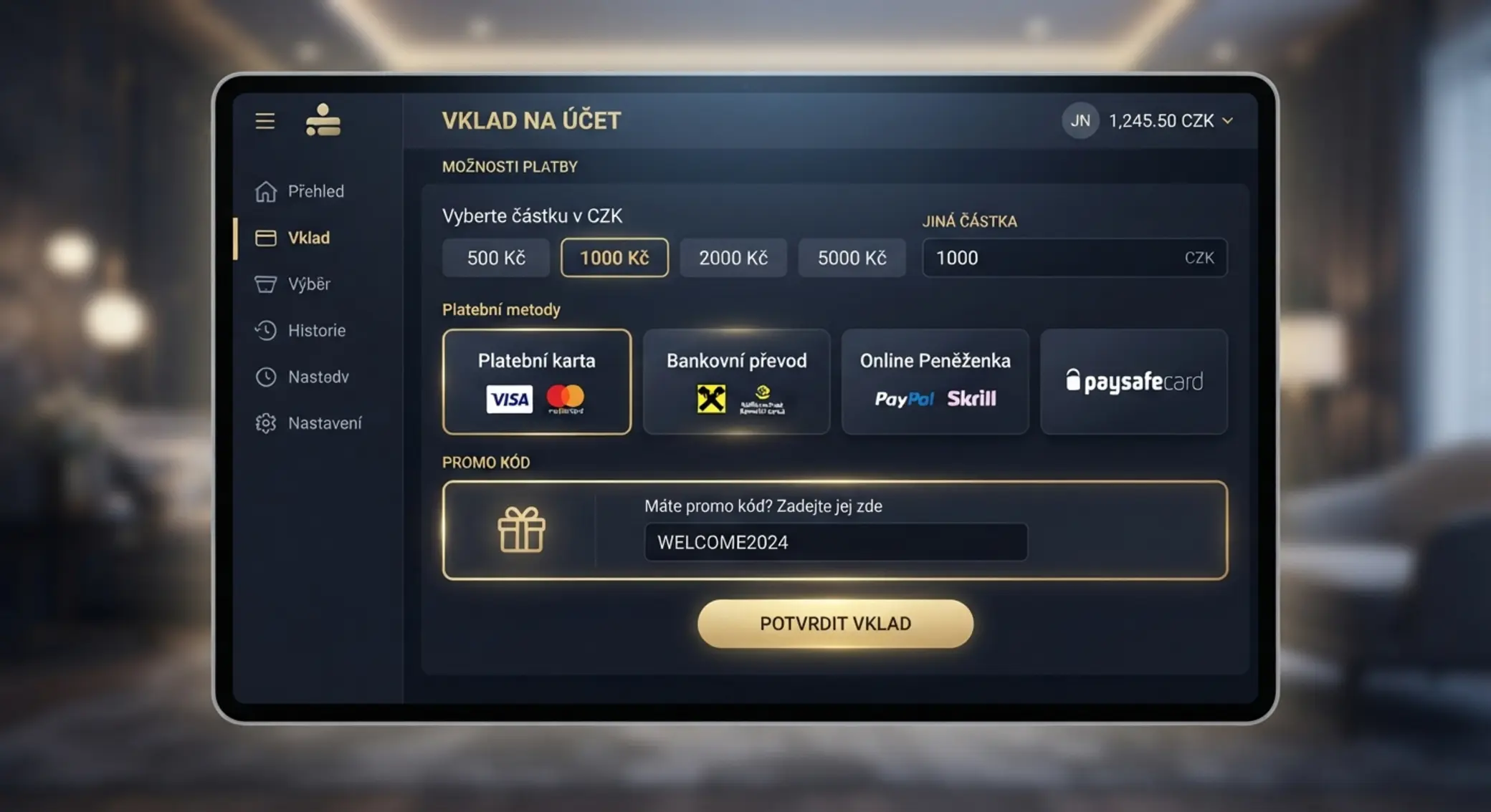 Sekce vkladu s vyznačeným polem pro zadání promo kódu