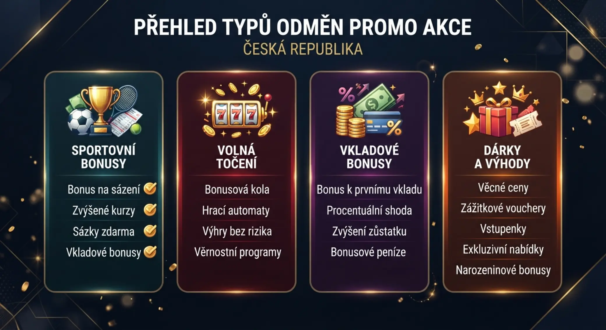 Grafický přehled různých typů bonusů a promo kódů