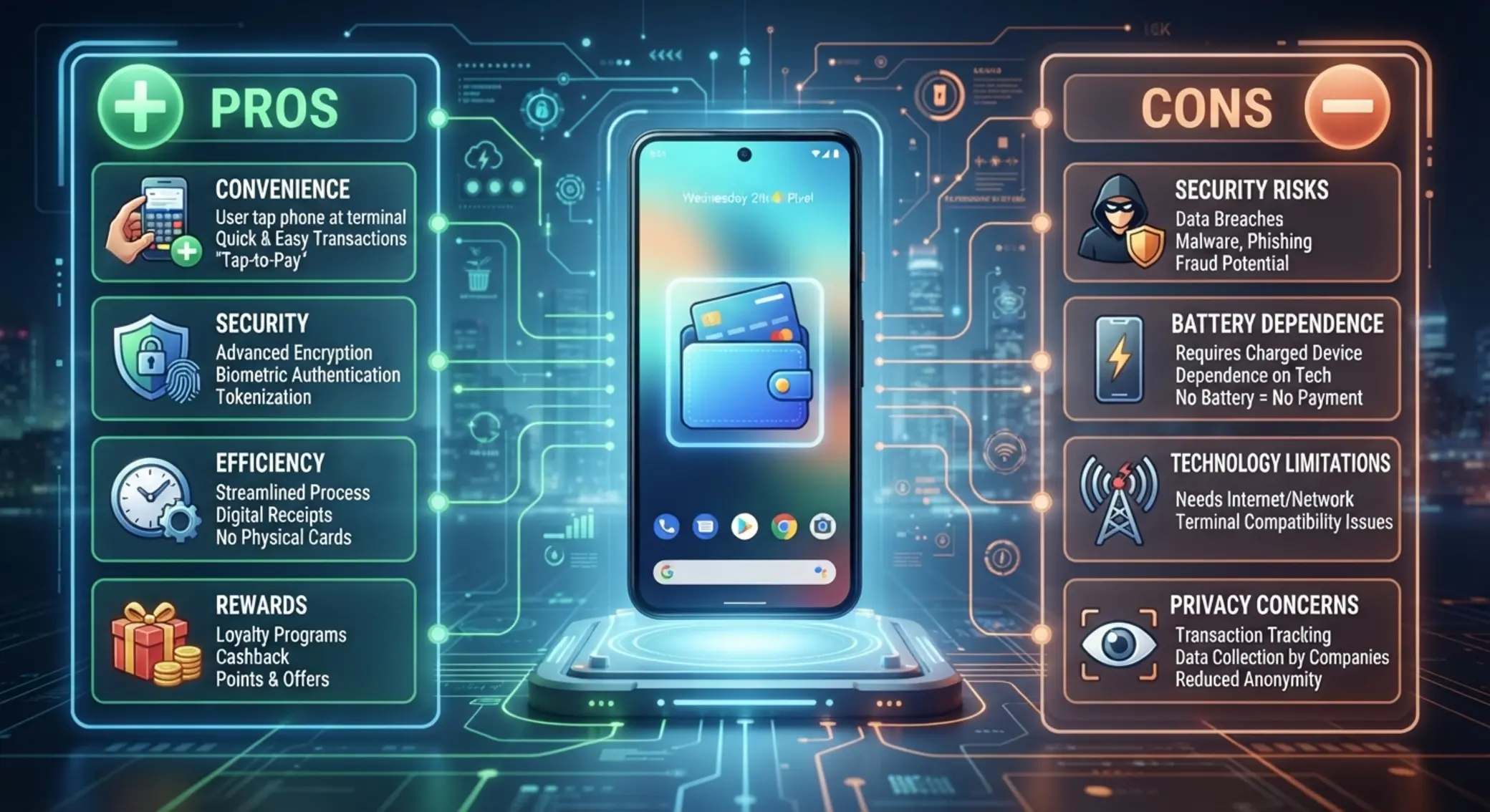 Mobilní telefon s ikonami plus a mínus pro výhody a nevýhody mobilních plateb