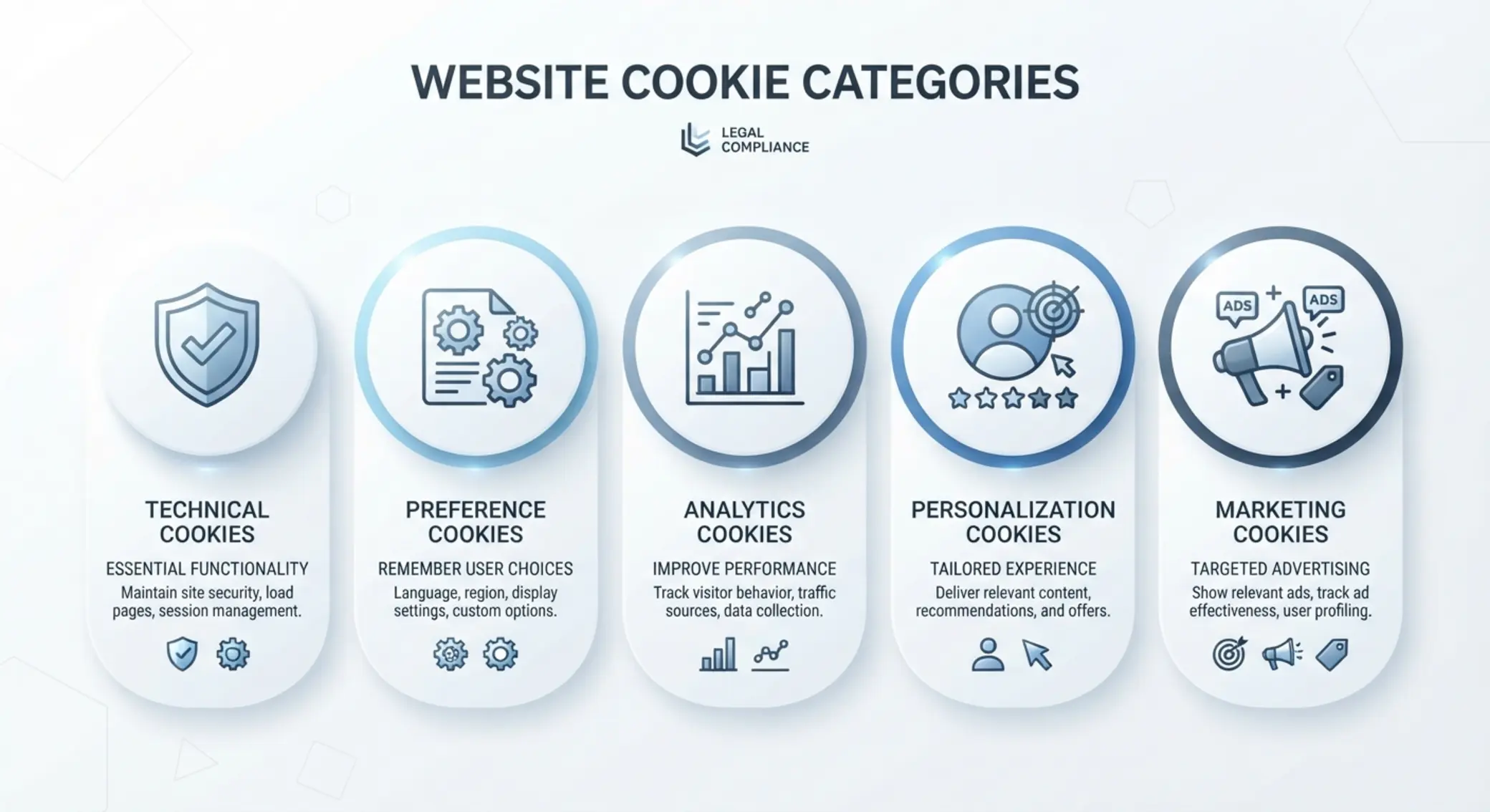Přehled kategorií cookies pomocí jednoduchých ikon